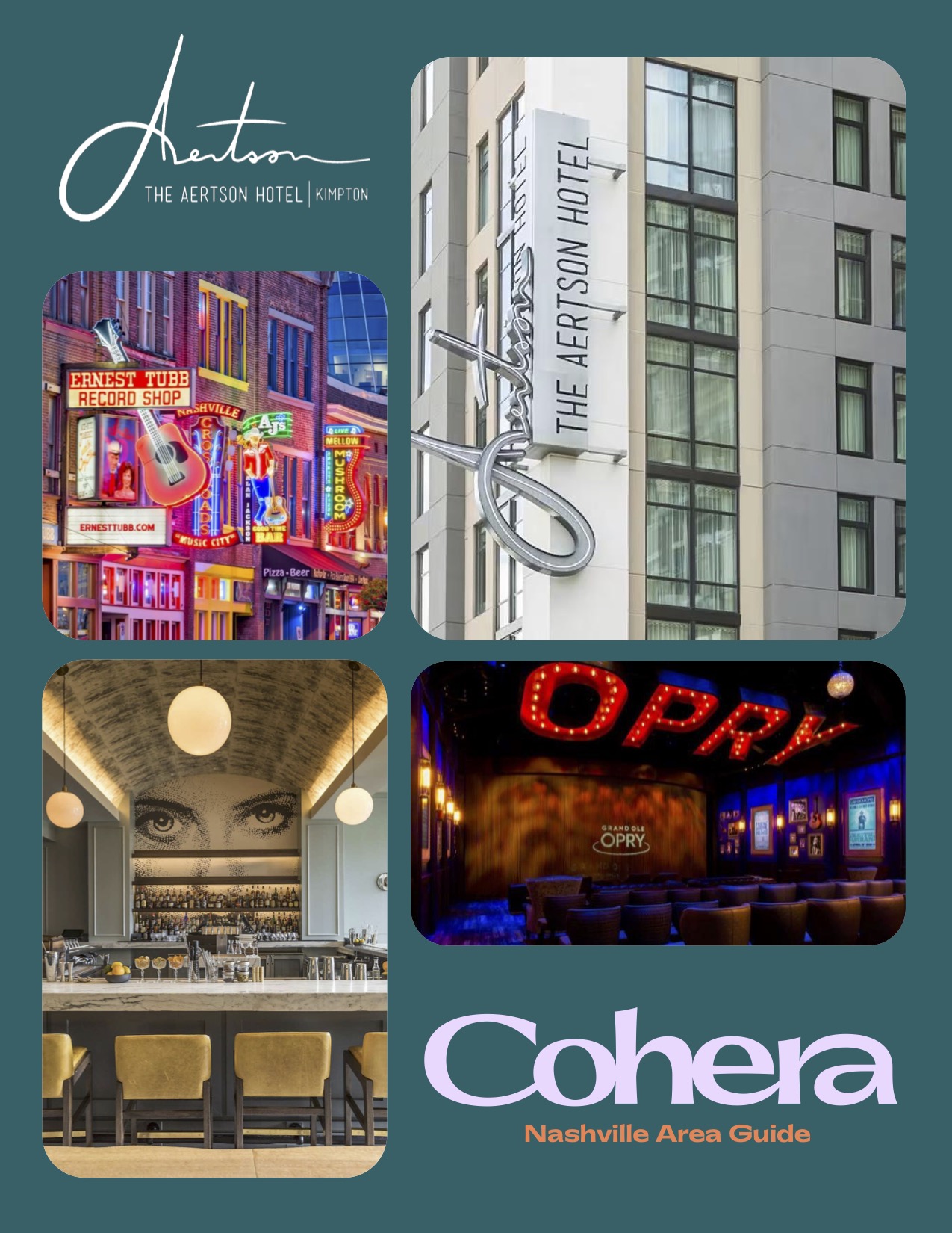 Cover for the Kimpton Aertson Nashville Area Guide featuring hotel, restaurant, and music venue imagery.