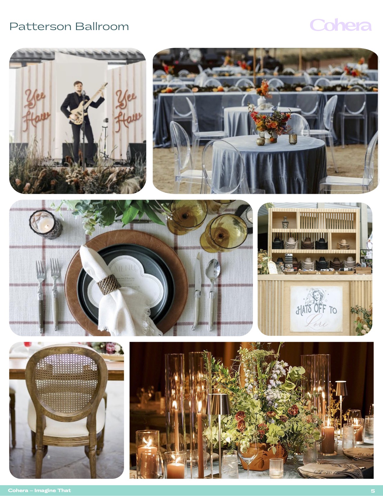 Patterson Ballroom inspiration board featuring live music, table settings, florals, lounge seating, and event décor.