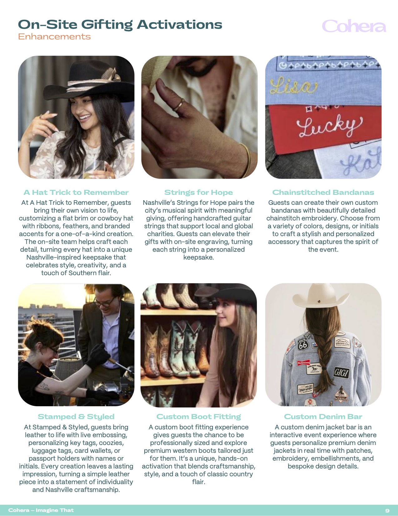 On-site gifting activations page showing custom hats, guitar-string gifts, embroidered bandanas, leather stamping, boots, and denim.