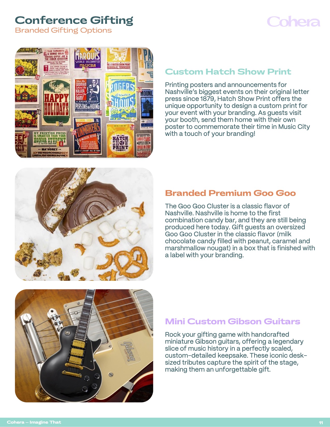 Conference gifting page featuring Hatch Show Print posters, Goo Goo Cluster candy, and mini Gibson guitar gifts.