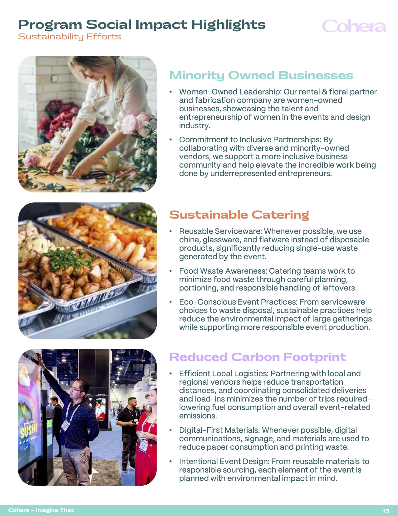 Sustainability highlights page covering minority-owned businesses, sustainable catering, and reduced carbon footprint efforts.